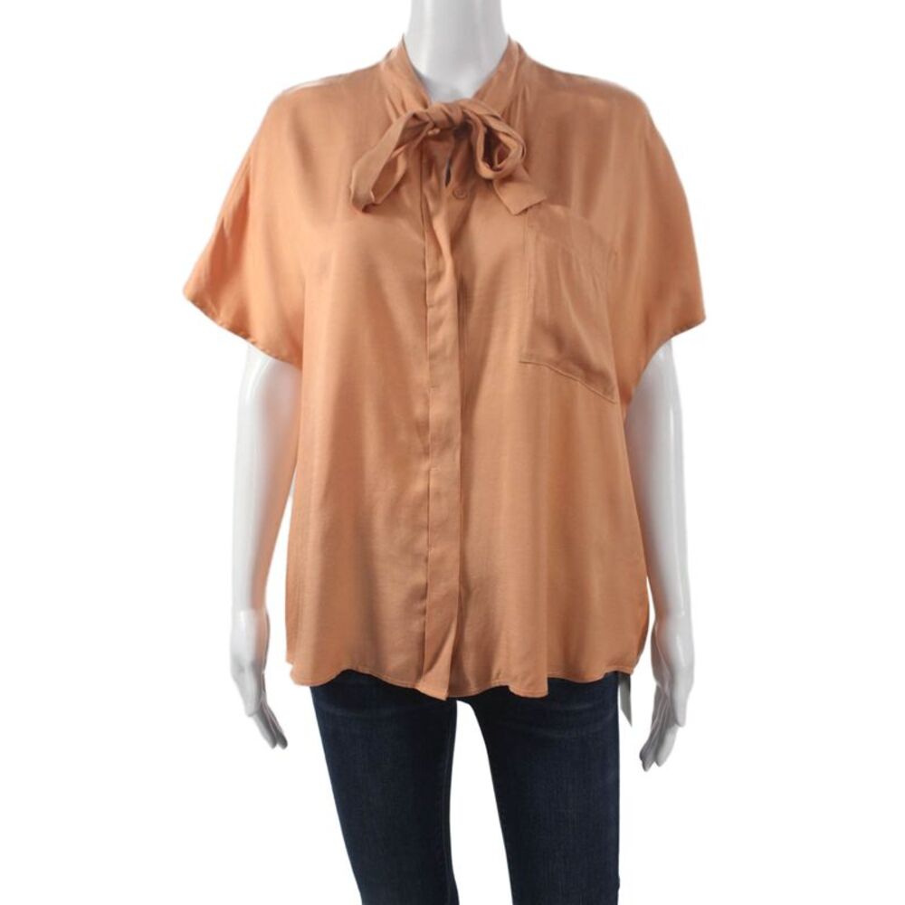Nude Womens Basic Collared Viscose Orange Button Short Sleeve Blouse Size 40